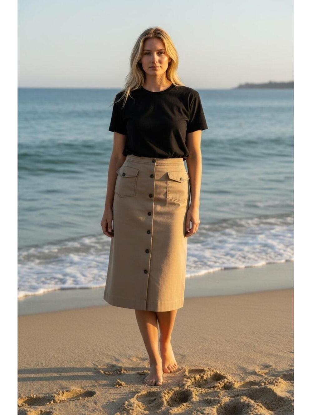Vintage Jo Hardin Originals Tan A-Line Button Front Midi Skirt Size 6 Safari...